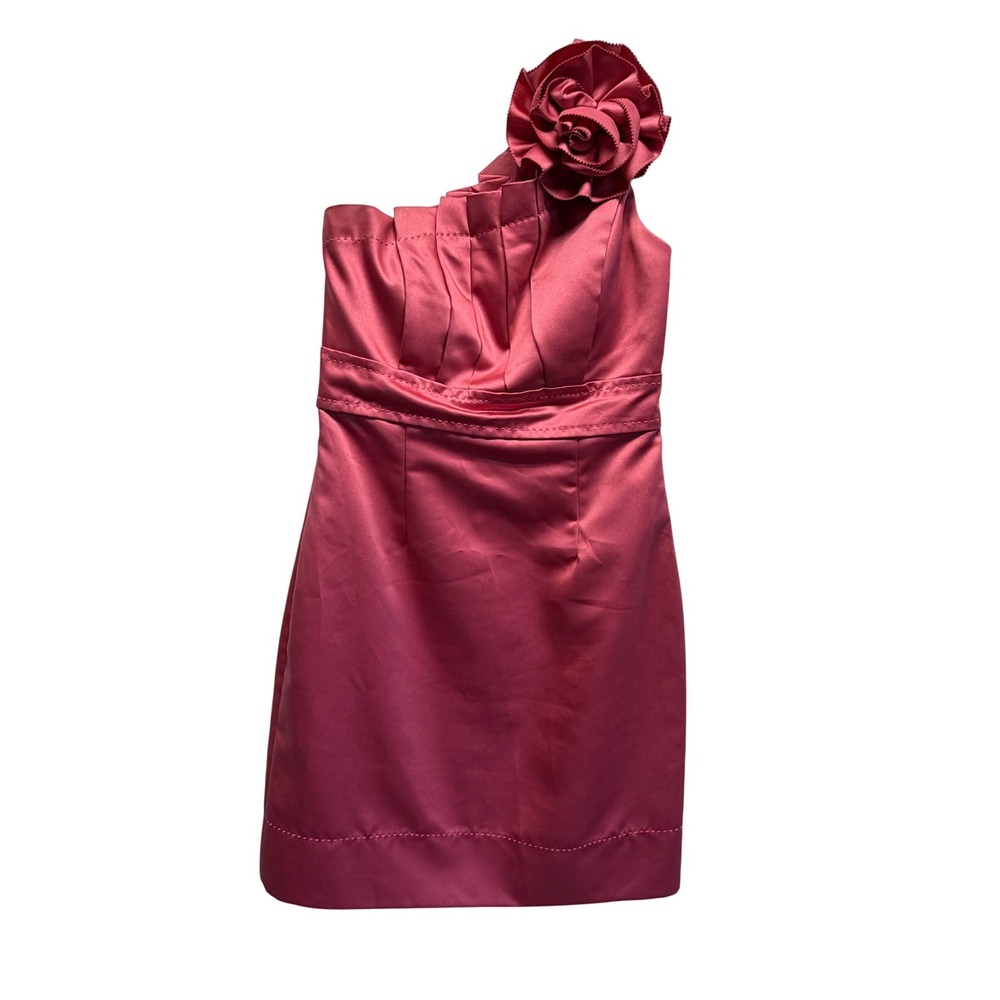 Phoebe Couture Rose Pink Satin One Shoulder Rosette Cocktail‎ Dress Mini